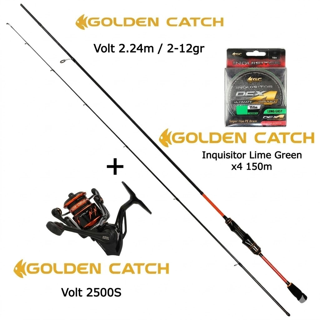 Προσφορά Combo LRF Golden Catch Volt 2.24m + Golden Catch Volt 2500S +Νήμα Golden Catch Inquisitor Lime Green x4
